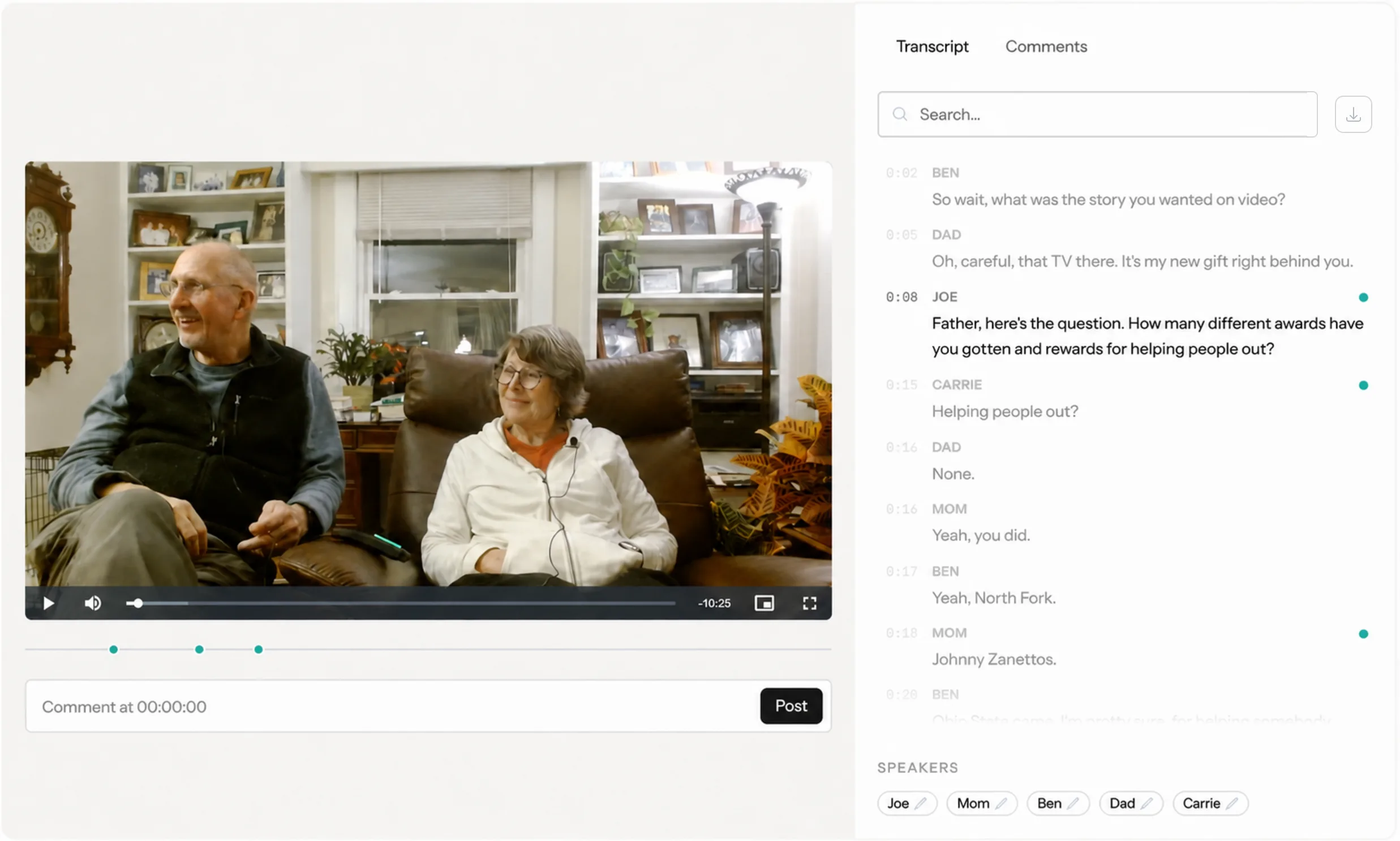 A family conversation playing beside a timestamped, downloadable transcript, comment markers, and a timestamped comment composer.